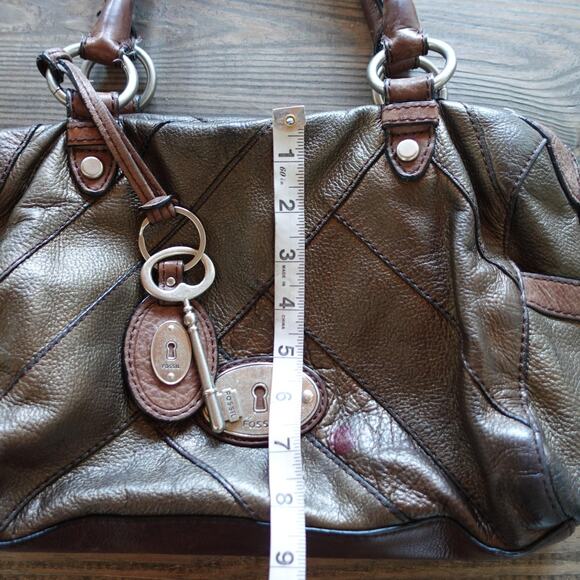 Vintage Fossil Handbag Leather Brown Patchwork Stitch Satchel Keyhole Boho 90s - Picture 9 of 15